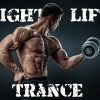 Extremely muscular man curling a dumbbell in a trance