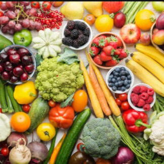 A colorful assortment of fresh fruits and vegetables arranged together, including bananas, carrots, broccoli, bell peppers, cauliflower, grapes, berries, apples, and zucchini, showcasing a wide variety of produce.