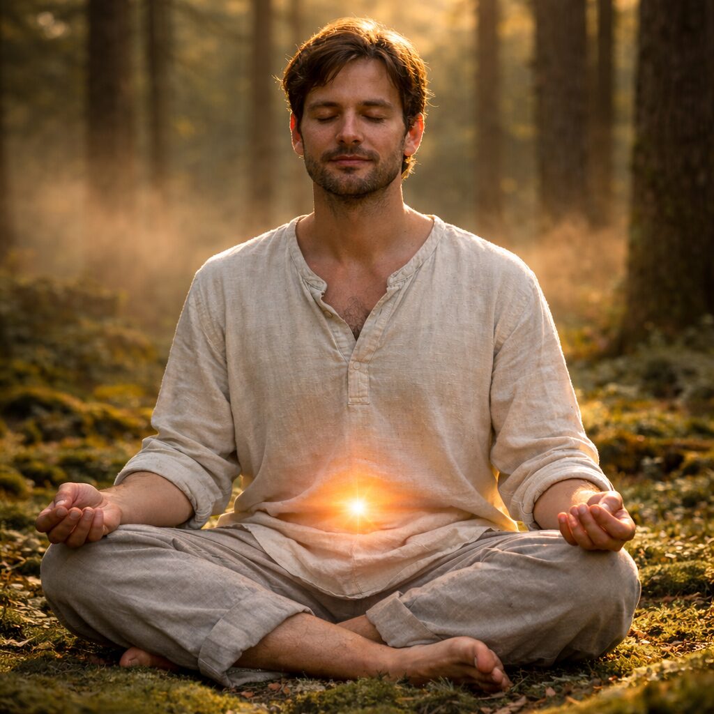 A calm young man sits cross legged in a lotus position on a moss covered forest floor, eyes closed in meditation at golden hour, wearing loose natural clothing as warm sunlight filters through tall trees and a soft glowing light appears at his lower abdomen in a peaceful misty forest setting.