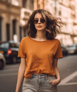 woman in casual clothes with city backdrop