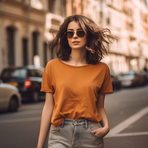 woman in casual clothes with city backdrop